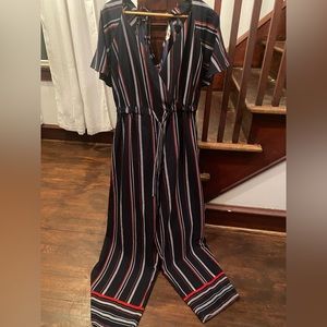 Navy, red, and white shirt sleeve jumpsuit